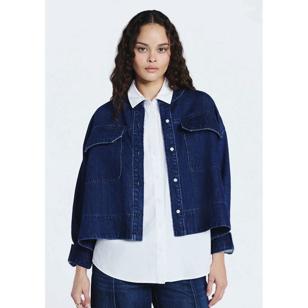 Scoop Women Cropped Oversized Denim Shirt Mandarin Collar Medium Wash Blue SizeM